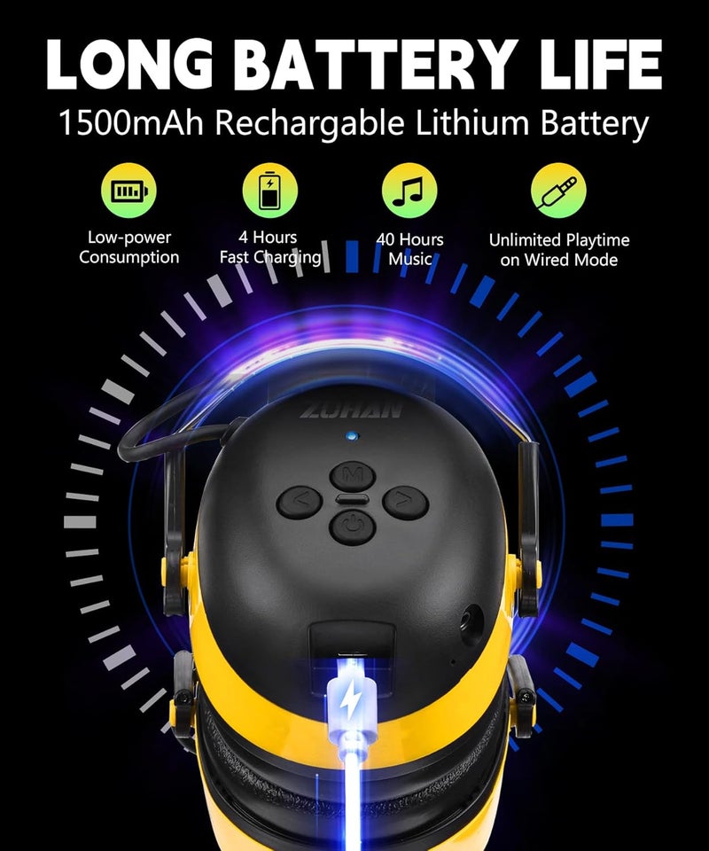 Zohan EM037 Bluetooth Hearing Protection,30dB SNR Noise Reduction Ear Protection with 1500mAh Rechargeable Battery,Headphones with 40H playtime for Mowing, Snowblowing, Construction,Workshops - Image 3